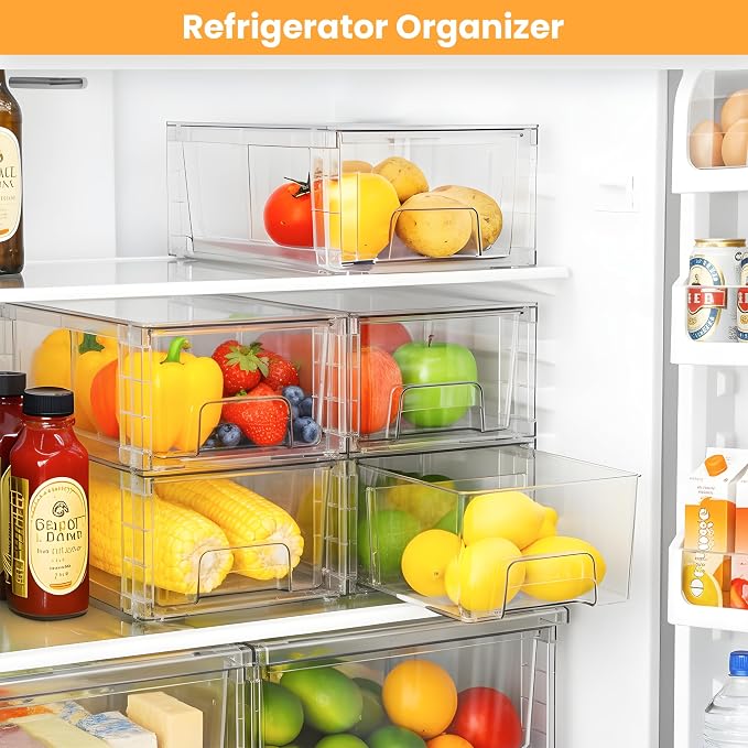 4 Pack Stackable Storage Drawers with Handles, Easy Assembly Clear Acrylic Fridge Organizer, Refrigerator Organizers and Storage for Kitchen, Under Sink, Pantry, Bathroom
