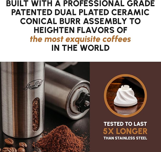Manual Stainless Steel Coffee Grinder - 18 Adjustable Settings, Portable Conical Burr Grinder for Camping, Travel, Espresso - With Hand Crank