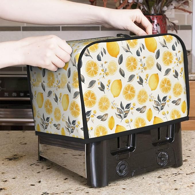 2 Slice Toaster Cover Lemon Watercolor Fruit Dust Proof Washable Kitchen Appliance Cover with Pocket, Oxford Fabric Countertop Toaster Protector for Standard Toasters Small Appliances