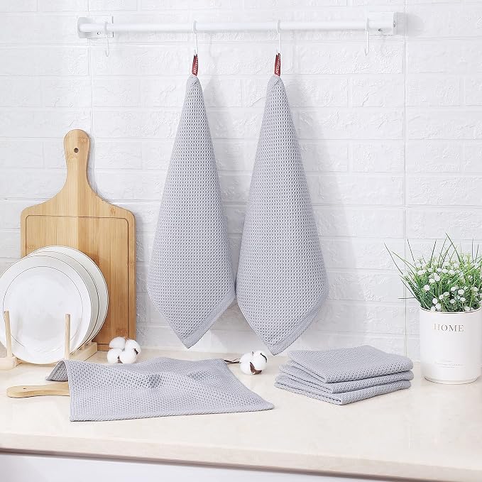 Kitinjoy 100% Cotton Waffle 6-Pack Kitchen Towels, 12" x 12", Light Grey | Ultra Absorbent, Super Soft, lightweight, Quick Drying Dish Rags for Washing Dishes