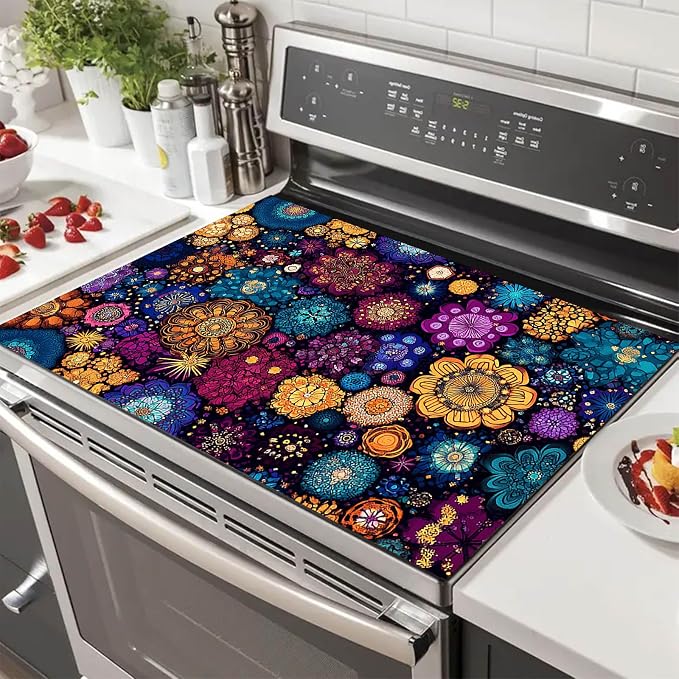 HOMETITUTE Stove Top Cover 28x20 Colorful Mandala Flower Heat Resistant Mat