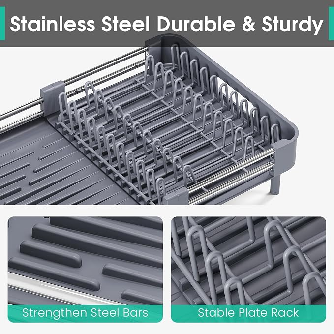 TOOLF Expandable Dish Drying Rack with Cutlery Holder, Standard, Grey | Over or In Sink Stainless Steel Dish Drainers for Compact Kitchen, Space Saving, Fast Drain, Rustproof, For 1-3 people