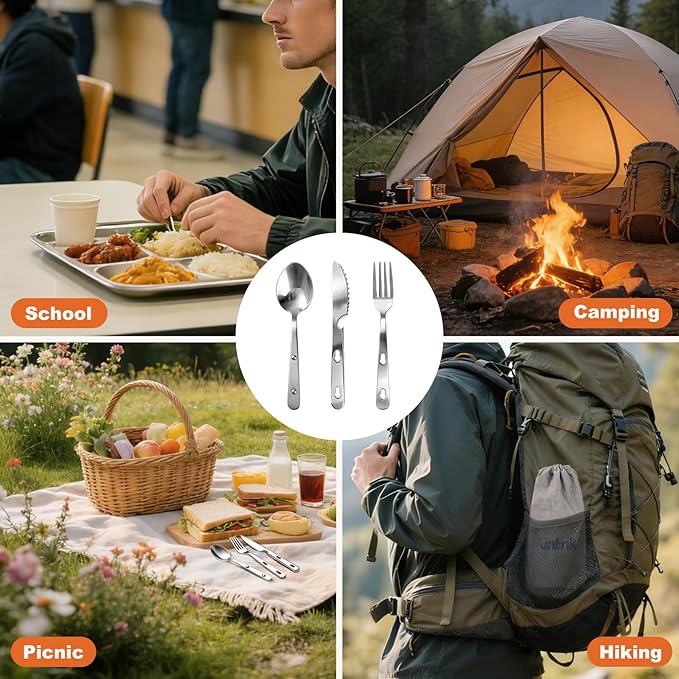 Travel Utensils with Pouch, 4-in-1 Silverware Set 3-Pack with Portable Stainless Steel Spoon, Fork, Knife & Bottle Opener Combo, Cutlery Set for Camping, Hiking, Picnic, Gadgets, Lunch Box for Men