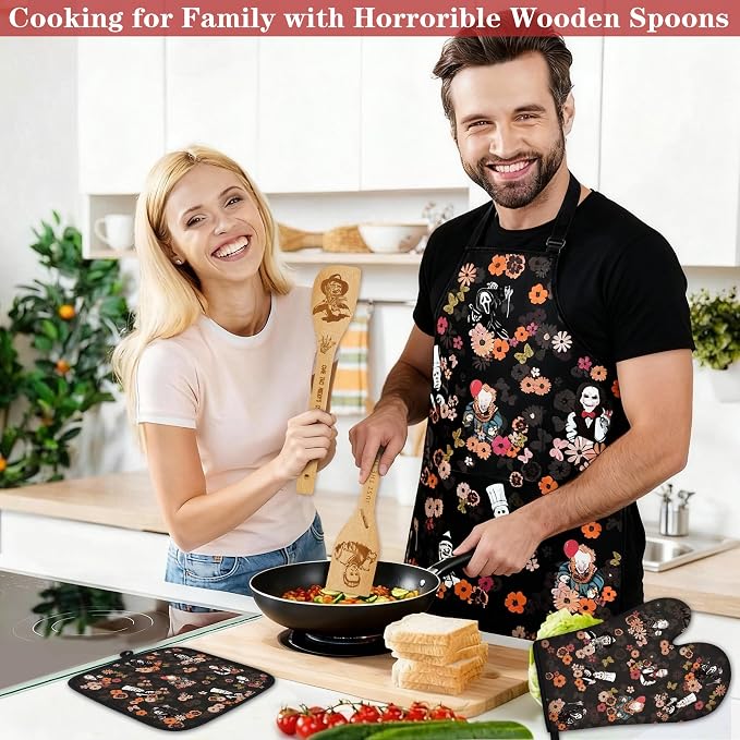 Horror Merch,9Pcs Bamboo Cooking Utensils Set,Spoons with Apron Oven Mitts Pot Holder,Halloween Horror Gifts for Men Women,Horror Decor,Horror Collectibles,Spooky Kitchen Accessories