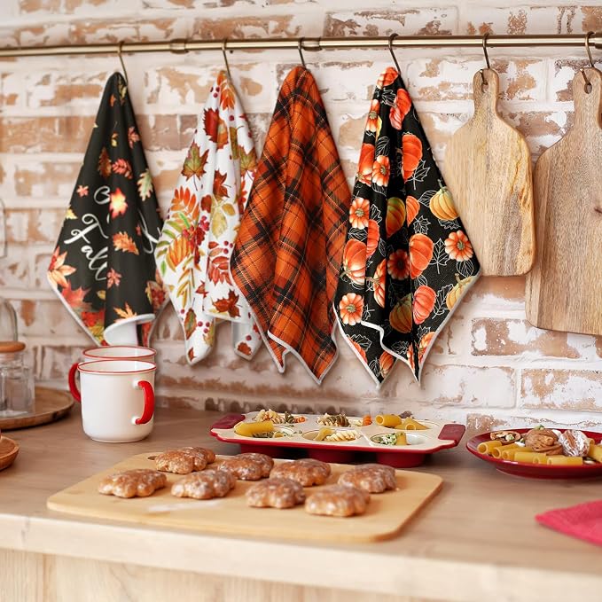 4 Pcs Fall Kitchen Towels Maple Leaves Hand Dish Towels Gift | Pumpkin Orange Fall Decor Absorbent Fast Drying Tea Cloth Housewarming Gift for Thanksgiving Autumn Cooking Kitchen Bathroom