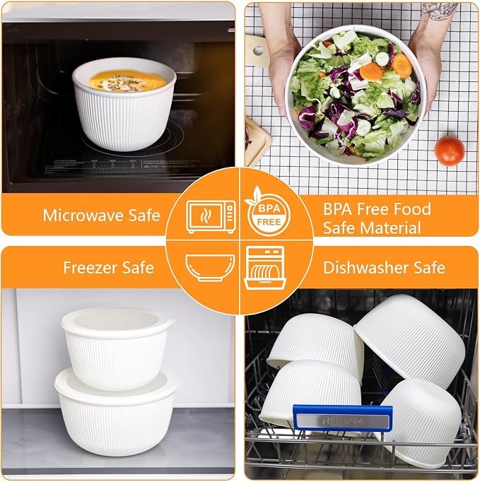 BoxedHome Plastic Mixing Bowls with Lids Set,4.97QT Large Capacity Deep Nesting Bowl,8 Pieces Set BPA-Free Prep Bowls,Dishwasher & Microwave Safe,Beige