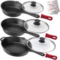 Cuisinel Cast Iron Skillet Set - 6"+8"+10"-Inch + Glass Lids + Silicone Handle Holder Covers - Pre-Seasoned Frying Pan - Oven Safe Cookware - Indoor/Outdoor, Grill, BBQ, Fire, Stovetop, Induction Safe