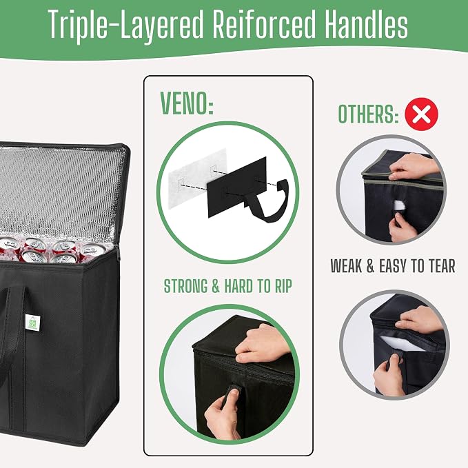 VENO 3 Pack Insulated Cooler Reusable Grocery Shopping Bag Food Delivery | Large Collapsible Cooler, Reusable Shopping Tote w/ Zippers, Foldable, Stands Upright, for Groceries Camping (Black, 3 Pack)