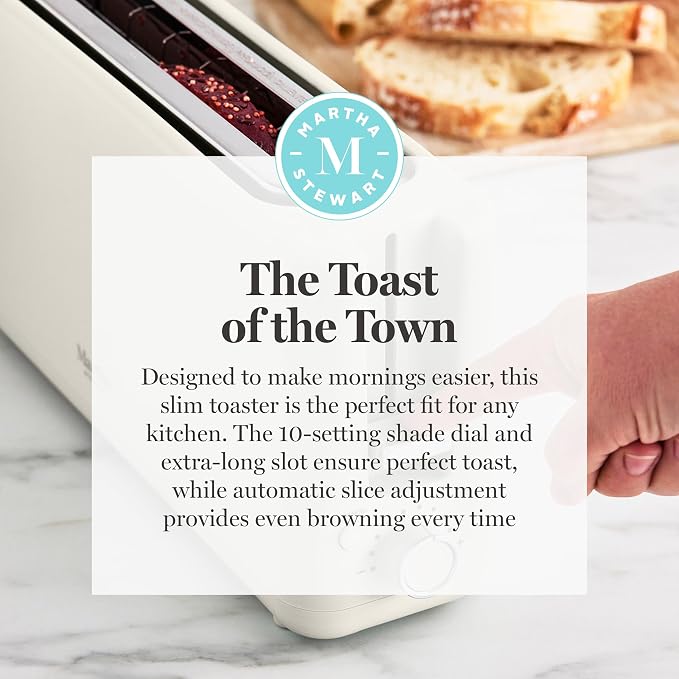 Martha Stewart 2 Slice Long Slot Toaster, Extra Wide, Linen Cream | 10 Shade Settings, 10” Wide Slot, Sourdough, Bagels, Artisan Bread & Waffles, Smart Centering, Removable Crumb Tray