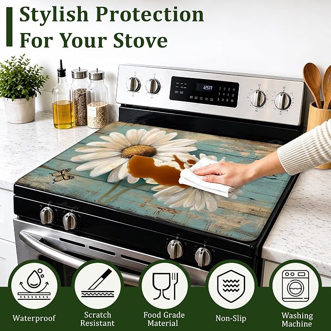 Daisy Flower Stove Top Covers for Electric Stove,Vintage Wood Electric Gas Stove Pad Heat Resistant Range Cooktop Protector for Home Decor Kitchen 28.5"x20.5"