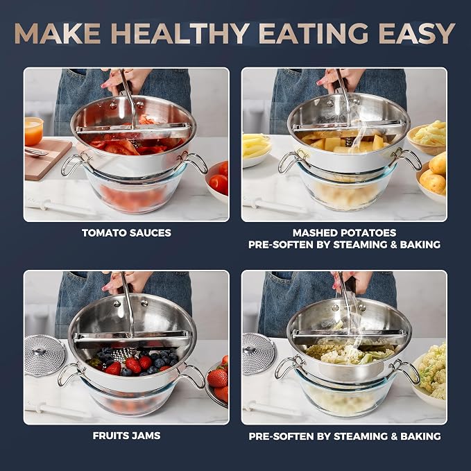 Stainless Steel Food Mills With 3 Milling Discs,Ergonomic design Of Rotary Food Mills For Tomato Sauce,Potatoes,Jams,Stainless Steel Handle and Dishwasher Safe,Includes Multifunctional Spoon
