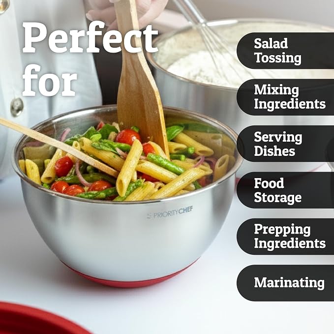 Stainless Steel Mixing Bowls with Lids Set, Metal Nesting Bowls with Airtight Lids, Graters, Non-Slip Base & Measurement Marks, Includes Utensil Set for Prep, Baking & Storage, Red