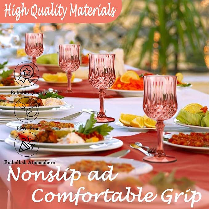 48Pack Plastic Wine Glasses, 7oz Vintage Goblets for Wedding | Unbreakable Crystal Style Reusable Stemware, Elegant Rose Gold Drinking Glass for Party Anniversary & Holiday Celebration
