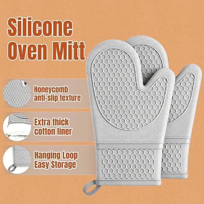 2-Pack Silicone Oven Mitts, 500°F Non-Slip Washable Heat Resistant Gloves, Grey
