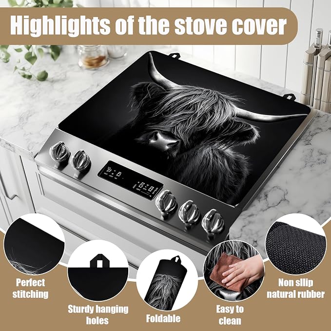 Black Highland Cow Stove Top Covers for Electric Stove, Electric Gas Stove Pad Heat Resistant Range Cooktop Protector for Home Decor Kitchen 28"x20"
