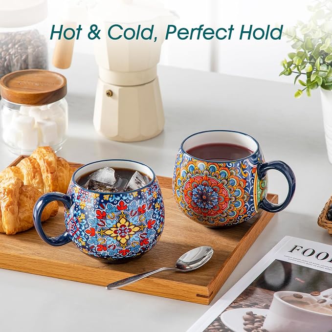 vancasso Coffee Mugs Set of 6, 18oz Ceramic Coffee Cups, Colorful | Porcelain Coffee Mugs for Cappuccino, Latte, Espresso, Bohemian Mugs with Handle for Daily Use, Microwave & Dishwasher Safe