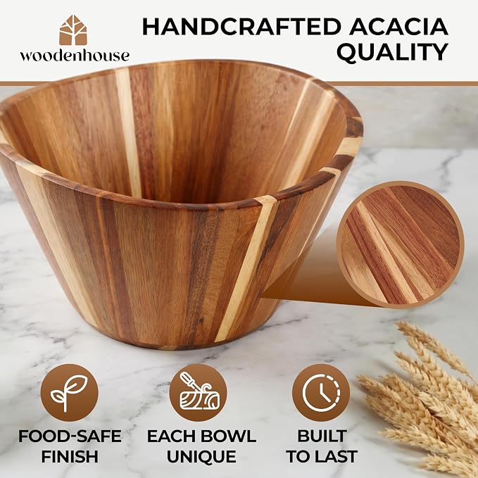 Extra Large Wooden Salad Bowl, Acacia 12" Multi-Purpose Serving Fruit Bowl | Durable wavy handmade design; 6.36 qt; doubles for home decor, storage, candy or yarn on the kitchen counter