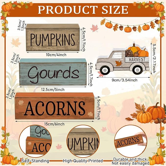 Lineshading 4 Pcs Fall Table Decoration for Home Rutic Fall Truck Decor | Rustic Farmhouse Block Signs, Stackable Pumpkins Gourds Acorns Design, Harvest Truck Theme for Seasonal Home Decor