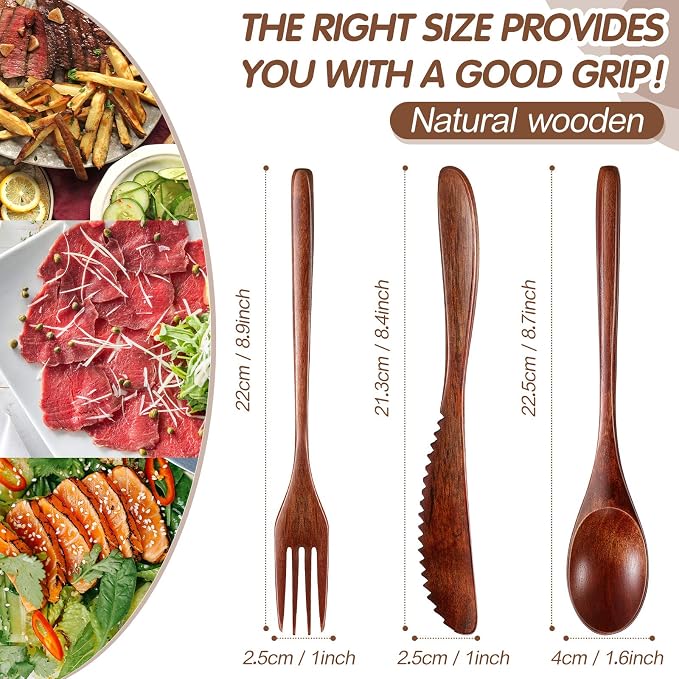 Geiserailie 24 Pcs Wooden Utensils for Eating Wooden Spoon Fork Knife Set | Reusable Cutlery Set, Dinner Silverware, Natural Wood Flatware, Kitchen Tableware
