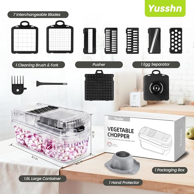 Yusshn Vegetable Chopper, 12-in-1 Food Veggie Chopper Cutter with Container | 7 Sharp Blades Dice, Slice, Shred and Grate for Salads, Onions and Meal Prep, with a Non-Slip Base and Drain Basket