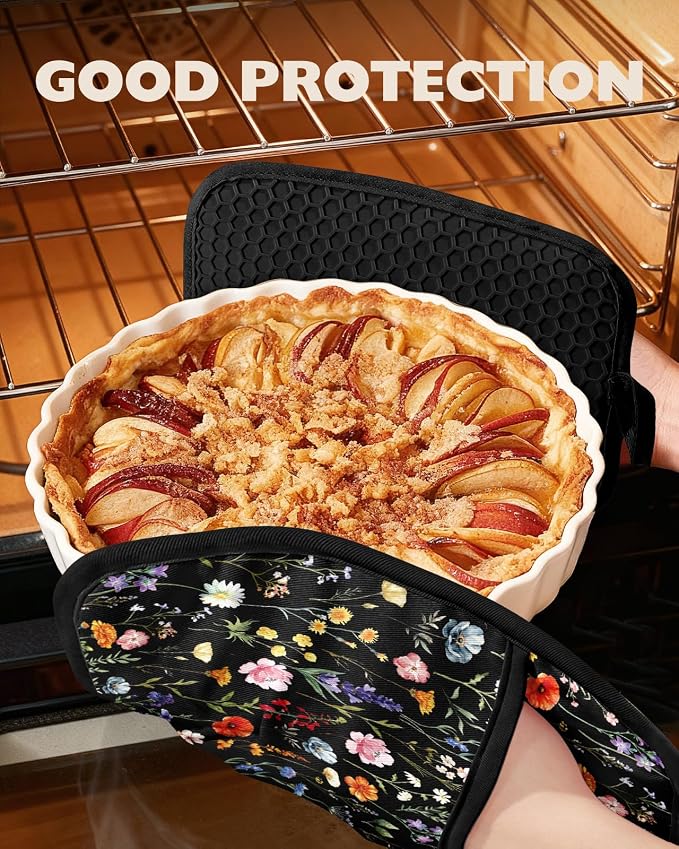 100% Cotton Pot Holders Textured Soft Silicone Black Floral | Stylish Pot Holders 2pcs, Machine Washable Non-Slip Heat Resistant Hot Pads & Oven Mitts 2-in-1, Practical Kitchen Decor