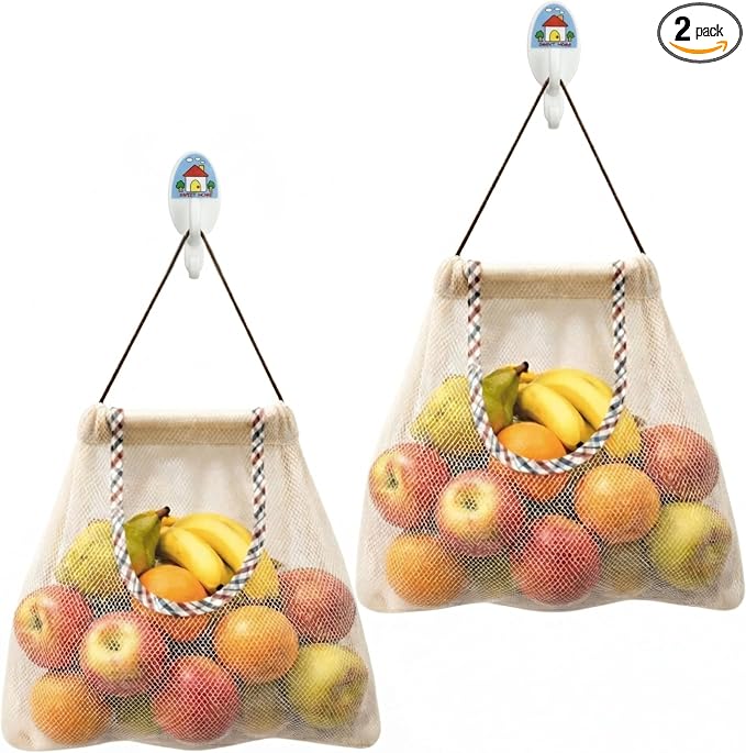 Reusable Hanging Storage Mesh Bags, White, 2 Bags & 2 Hooks | Durable, Breathable, For Fruits & Vegetables, Kitchen & Home Decor