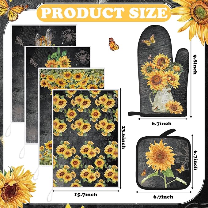 Leinuosen 8 Pcs Black Sunflower Kitchen Towels and Dishcloths Sets Pot Holders and Oven Mitts Sets Absorbent Kitchen Gloves Potholders Heat Resistant for Chef Baking Cooking