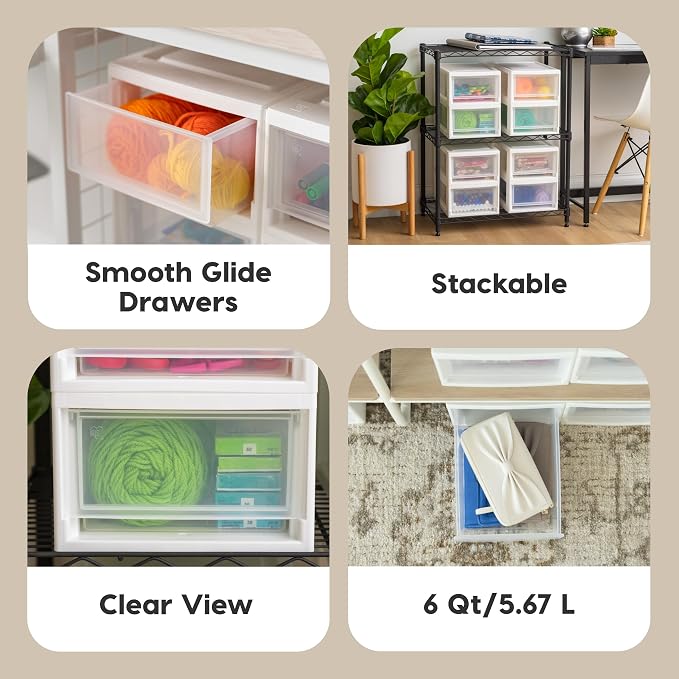 IRIS USA 8-Pack, 6 Qt. Small Stacking Drawer Storage Organizer, White | Keep craft supplies, accessories, office items, and small essentials organized around your home with separate storage spaces