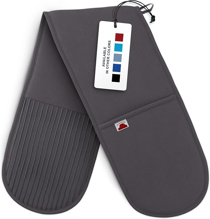 Grey Double Oven Mitt Kitchen Protection, Pack of 1 34x7.5 inches Heat Resistant Cotton, Professional Grade with Terrycloth Lining