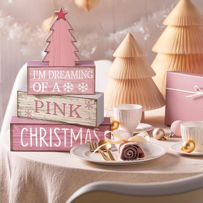 Lineshading 4 Pcs Wooden Christmas Decor Pink Tree Signs Tiered Tray | Indoor Farmhouse Tabletop Centerpiece, Pink Christmas Saying Blocks, Rustic Wood Signs for Shelves and Home