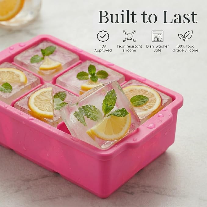 KitchFort® Large Silicone Ice Cube Tray (2-Pack) - 2" Big Ice Mold with Lid | Easy Release, Cocktail, Whiskey Ice Cubes Mold - Food Grade - Ice Cube Trays for Freezer - Stackable Silicone Ice Tray