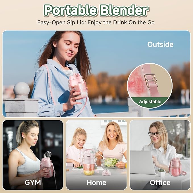 Portable Blender, Prasky Personal Blenders for Shakes and Smoothies with 27oz Cup, Lid and Shoulder Strap, Type-C USB Rechargeable, Personal Size Blenders BPA-free for Travel/Kitchen (Light Pink) | Personal Size Blenders for Shakes and Smoothies with 2...