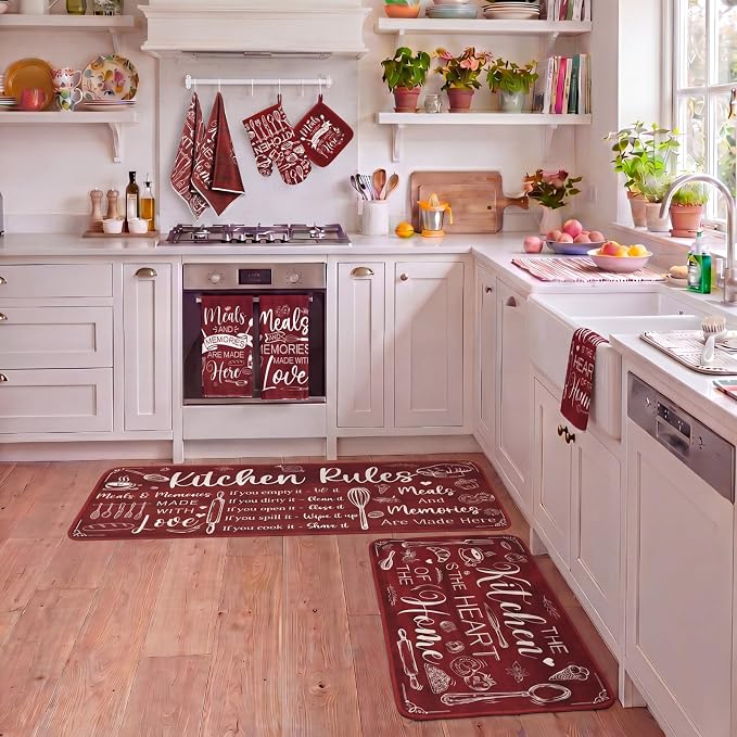 Fourluoo 10 Pcs Red Kitchen Decor and Accessories Oven Mitts and Pot Holders Sets Red and White Dish Towels Farmhouse Kitchen Rugs Mats for Home Baking Cooking Birthday Summer Decorations Women Gifts