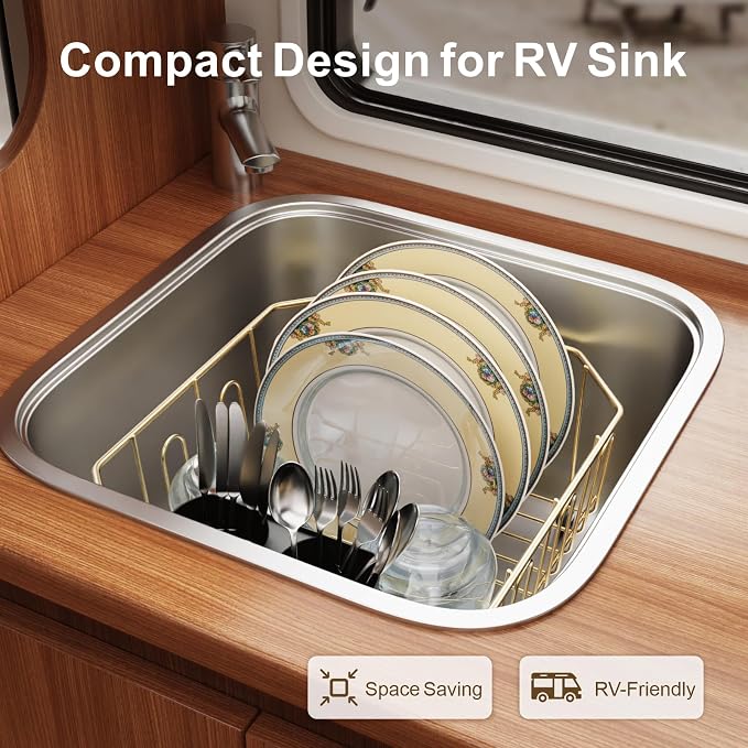 Small in Sink Dish Drying Rack - Stainless Steel for RV Kitchen | Compact Design for Apartments, Angled Corners Fit Square & Round Sinks, Utensil Holder, Cup Hooks, 1-2 Person, 11.6" x 13.4"