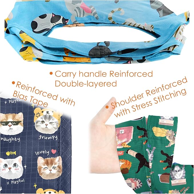 BeeGreen Cat Reusable Shopping Bags Cute Grocery Bag 6 Pack, Christmas Gift Bags Heavy-Duty Foldable Shopping Totes for Supermarket, Work & Travel, Large Washable Polyester Tote Bag with Handles