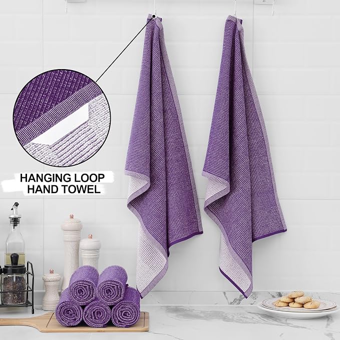 Homaxy 380 GSM Cotton Premium Kitchen Towels 6 Pack, 18"x 28", Purple | Flat and Terry Dish Towels, Highly Absorbent Tea Towel Set with Hanging Loop, Soft Utility Kitchen Hand Towels