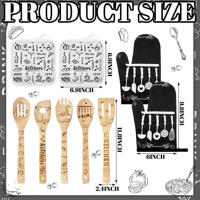 13 Pcs Christmas Kitchen Sets Christmas Aprons Oven Mitts and Pot Holders Dish Towels Wooden Spoons for Xmas Gifts(Black White, Kitchen)