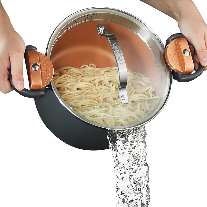 Gotham Steel 5 Quart Stock Pot Multipurpose Pasta Pot with Strainer Lid & Twist and Lock Handles, Nonstick Ceramic Surface Makes for Effortless Cleanup with Tempered Glass Lid, Dishwasher Safe | Twist and Lock Handles, Non Toxic Ceramic Non Stick Coati...