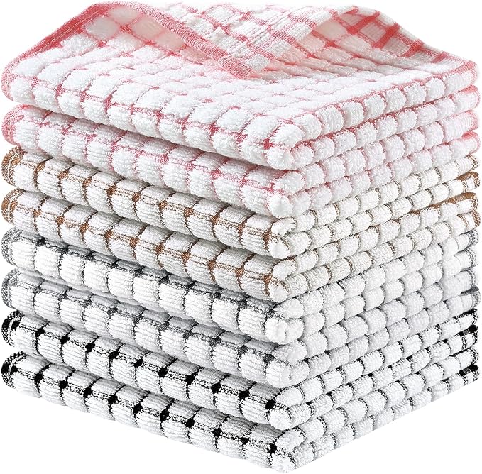 Homaxy 12 Pack Terry Kitchen Dish Cloths, 12"x12", Black/Grey/Pink/Brown | Super Soft and Absorbent Dish Rags, Quick Drying Reusable Dish Towels for Washing Dishes