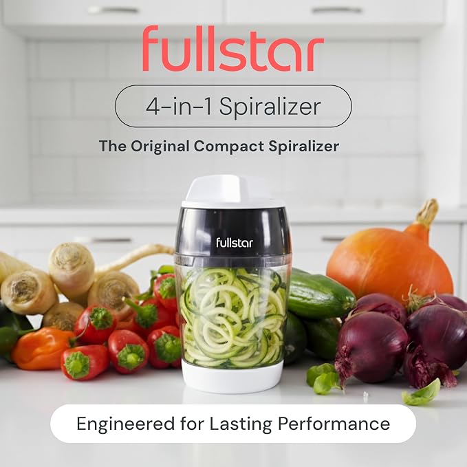 Fullstar Vegetable Spiralizer & Slicer, Veggie Noodle Maker Kitchen Gadget | 4 in 1 Compact Vegetable Slicer & Zucchini Noodle Maker with Sharp Stainless Steel Blades & A Safety First Design