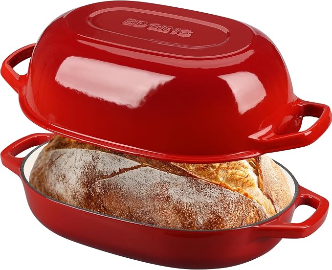 EDGING CASTING Enameled Cast Iron Oval Dutch Oven Pot with Lid, Dutch Oven for Sourdough Bread Baking, Bread Oven, Bread Dutch Oven, Oval Bread Pan, 7qt, Red