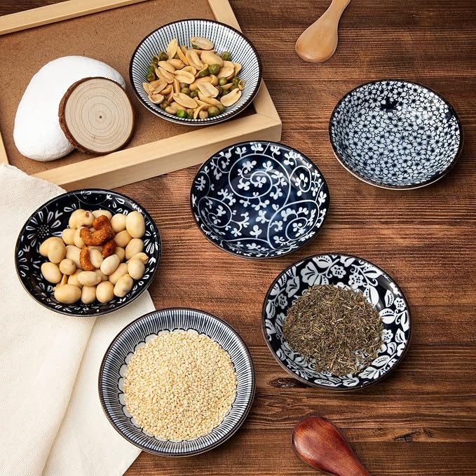 Eisinly 6 Pack Dipping Bowls,3 OZ Small Ceramic Soy Sauce Dish,Vintage Blue | 4 Inch, Blue-white Glaze, Shiny, Safe, Dishwasher Safe, for Seasonings, Sushi & BBQ