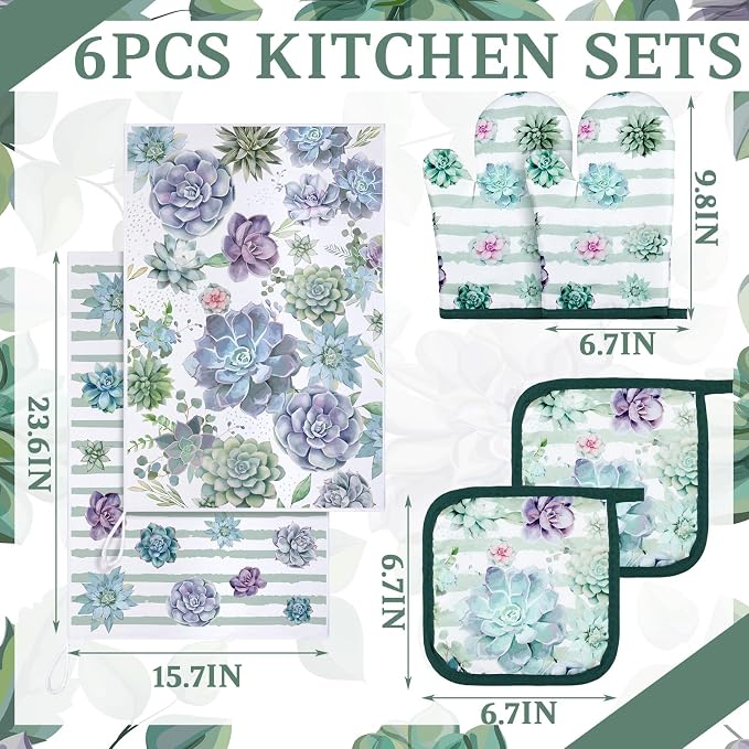 Bencailor 6 Pcs Succulent Kitchen Towels Pot Holders and Oven Mitts Set Soft Cotton Linen Dish Towel Heat Resistant Oven Mitts for Summer Kitchen Decor Cooking Baking Grilling