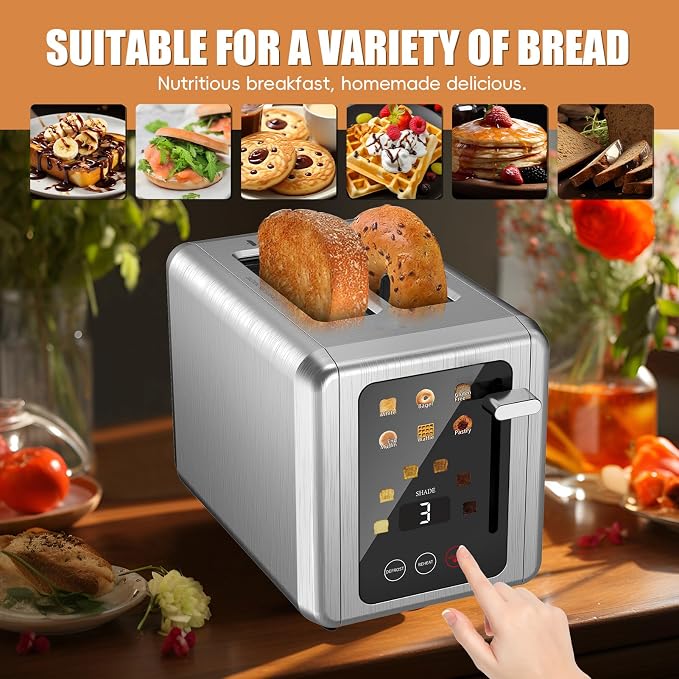 WUNLY 2 Slice Stainless Steel Smart Digital Timer Touch Screen Toaster | 6 Bread Types & 6 Shade Settings,Extra Wide Slots Toaster with Bagel,Defrost & Reheat Functions,Sound Function,Titanium