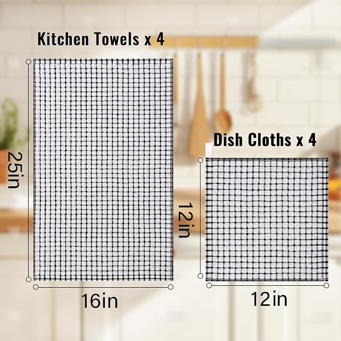 Homaxy Kitchen Towels and Dishcloths Set, Set of 12, Black | Cotton Terry Kitchen Dish Towels, Super Soft and Absorbent Dish Cloths, 16 x 25 and 12 x 12 Inches