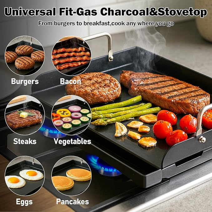 QuliMetal 17 x 13 Inch Cast Iron NanoCeramic Griddle for Gas Grills | Pre-seasoned flat-top griddle with nano ceramic nonstick coating for gas grills, charcoal grills and stove tops