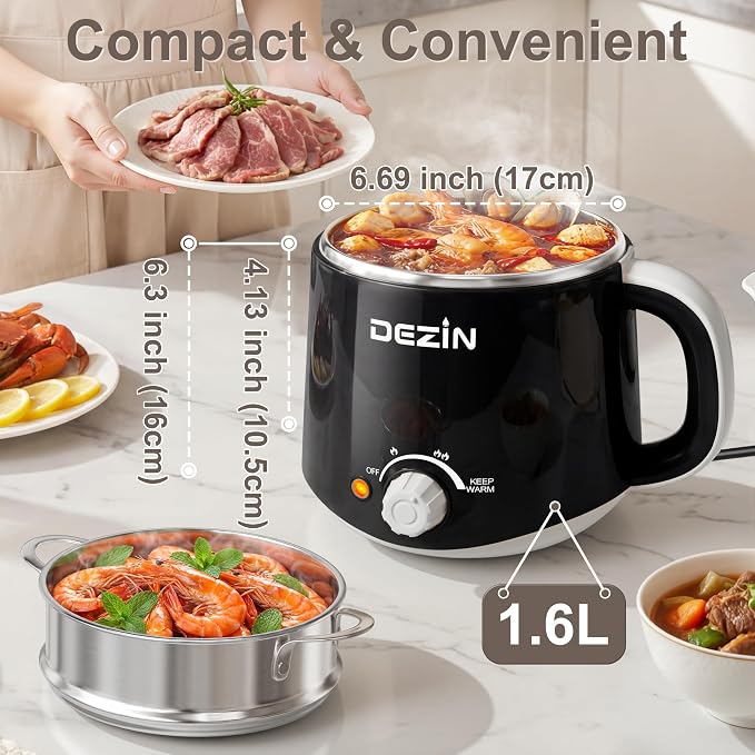Dezin Hot Pot Electric with Steamer, 1.6L Stainless Steel Electric Pot | Rapid Noodle Cooker, Dual Temp Control & Keep Warm, for Ramen, Egg, Dumpling, Soup & Oatmeal, Ideal for Dorm & Office