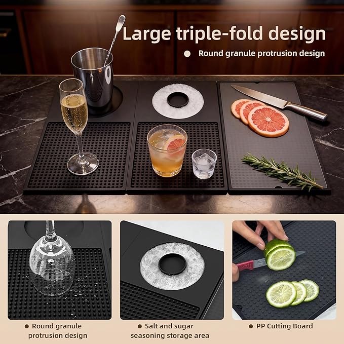 ZJWZLG 22"x12" Trifold Bar Mat with Cutting Board — 3-Zone Bartender Station, Extra Large Silicone Cocktail Mat, Folding Drink Prep Mat for Home Bar, Portable Bartending Accessories, Wipe-Clean(Black)