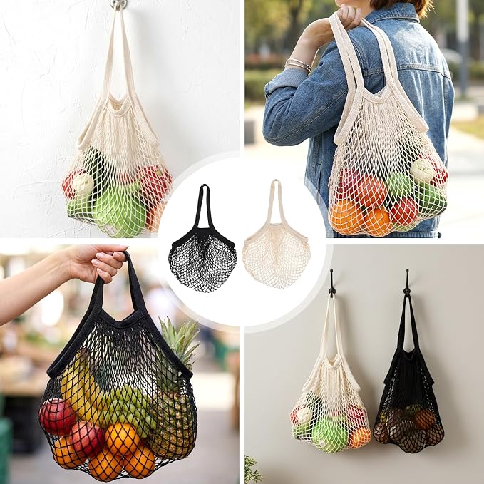 Mabor 2-Pack Cotton Mesh Grocery Bags, Reusable & Foldable Net Produce Bags for Shopping, Beige & Black