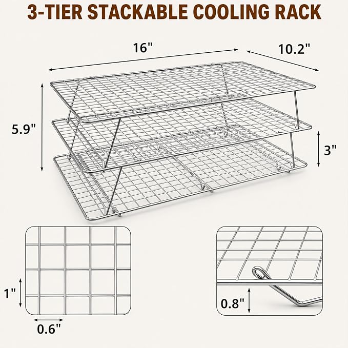 Cooling Rack 16"x10", 3-Tier Stackable & Collapsible Cooling Racks | Cooling Racks for Cooking and Baking, Roasting, Grilling, Oven & Dishwasher Safe (Silver, 3-Tier-SL)